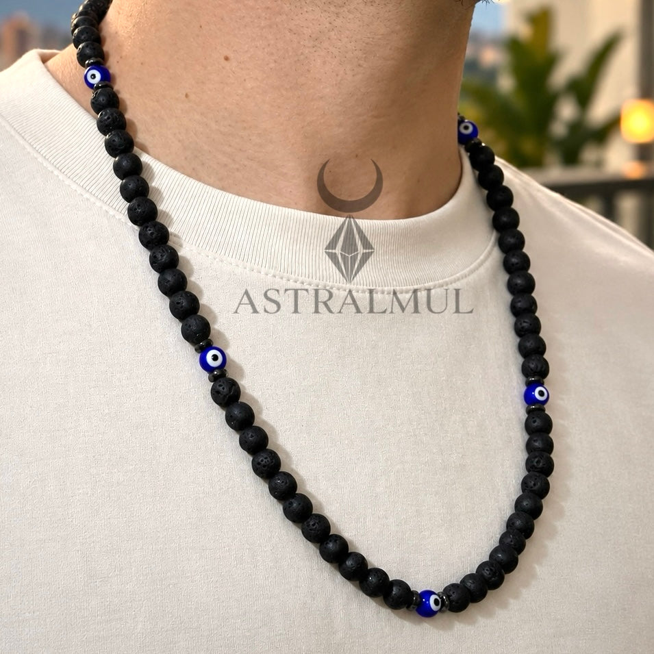 Collar de Protección con Ojo Turco y Piedra Volcánica 8mm