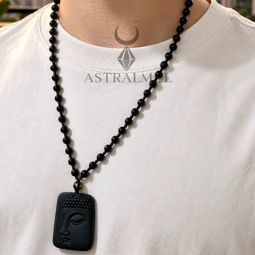 Collar Buda de Obsidiana Natural – Rostro de Buda
